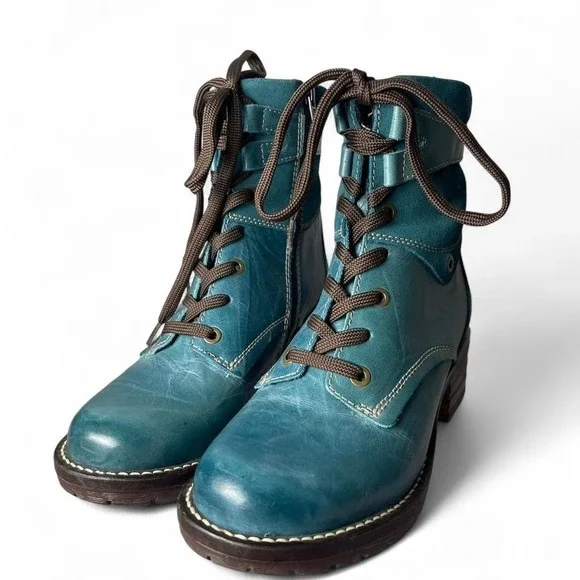 Dromedaris Kara Scrunched Leather and Suede Teal combat-style boots w/ faux fur - Picture 2 of 7